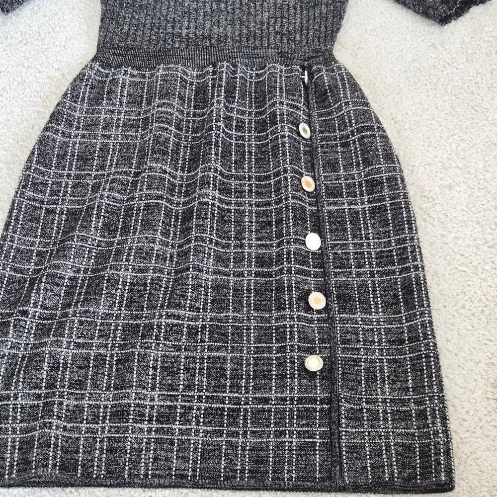 London Times Metallic Sweater Dress Large Black Plaid Button Dark Academia - Picture 3 of 11
